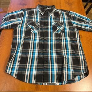 Beverly Hills Polo Club XXL‎ Men's Plaid Blue Black Shirt Short Sleeve Button Up